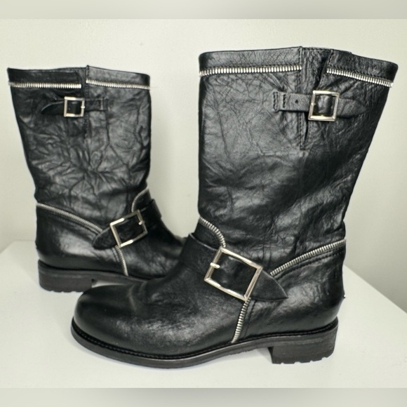 Jimmy Choo Dakar Crinkled Leather Mid Calf Boots -Luxury and Style in Every Step - Picture 1 of 10